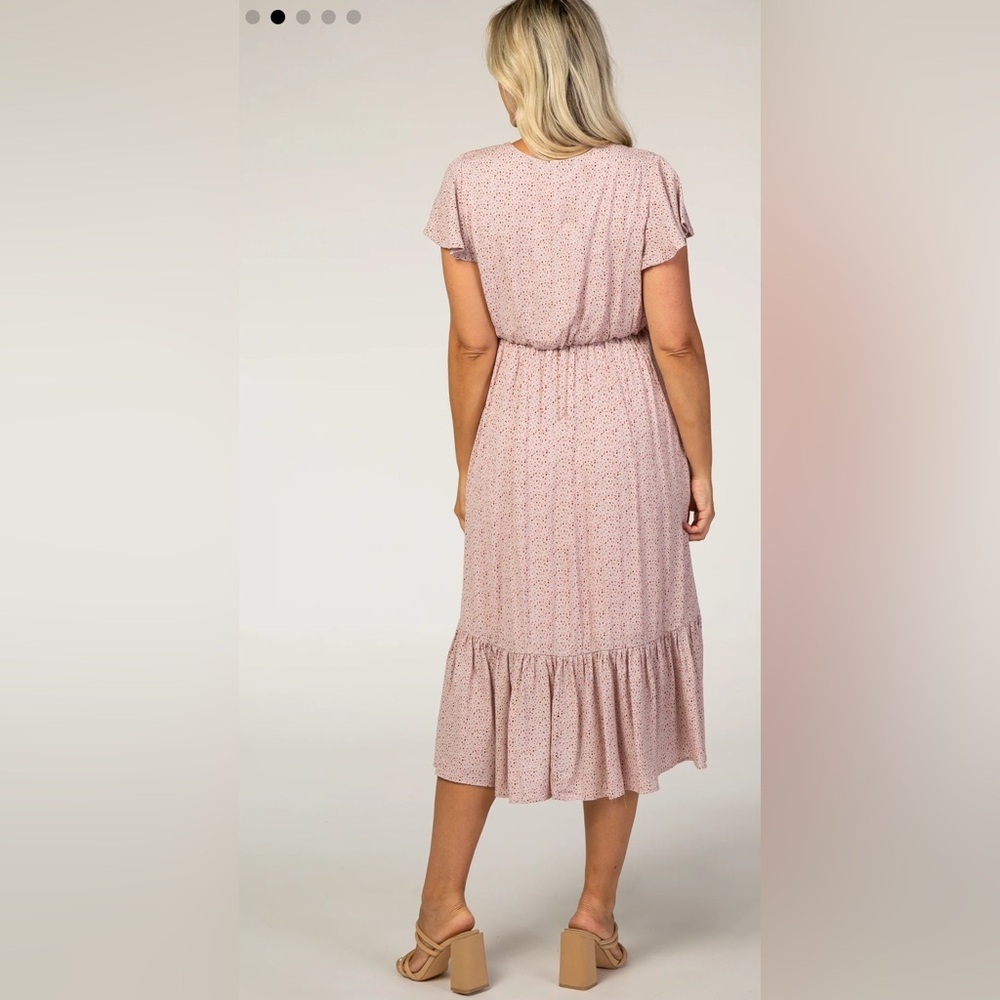 Pink Dot Print Ruffle Maternity Midi Dress - Picture 3 of 6